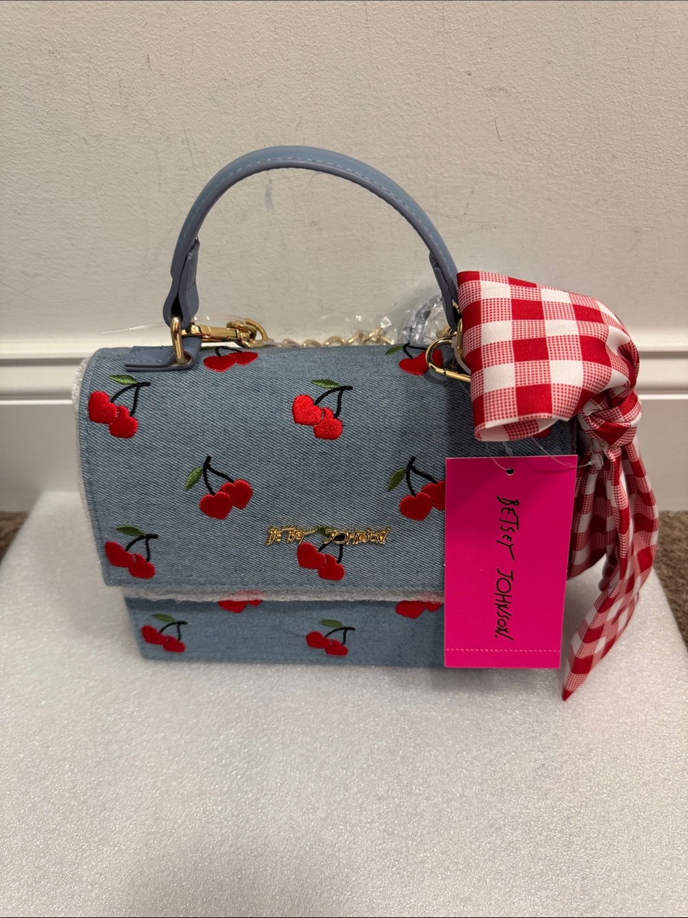 Betsey Johnson Light Blue denim Cherry Embroidered Satchel bag Red Gingham Bow
